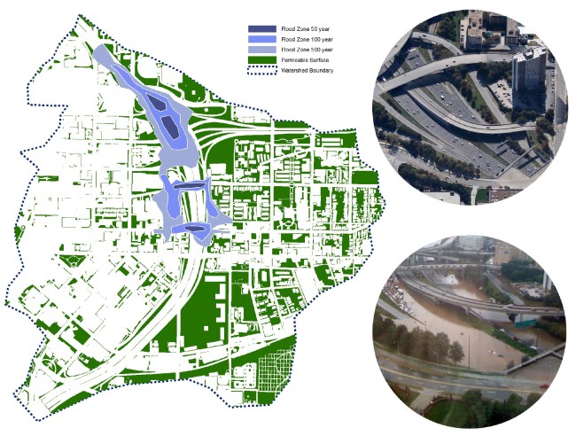 [Trái] Ranh giới khu vực ngập nước theo tần suất 50 năm, 100 năm và 500 năm; [Phải] Giao điểm giữa đường cao tốc I75/85 và I20 trong điều kiện bình thường và khi ngập lụt vào tháng 11/2010.