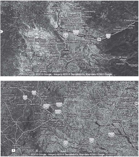 Hình 35.2: Hình chụp vệ tinh khu vực Portland (a) và Raleigh (b). Nguồn: www.maps.google.com
