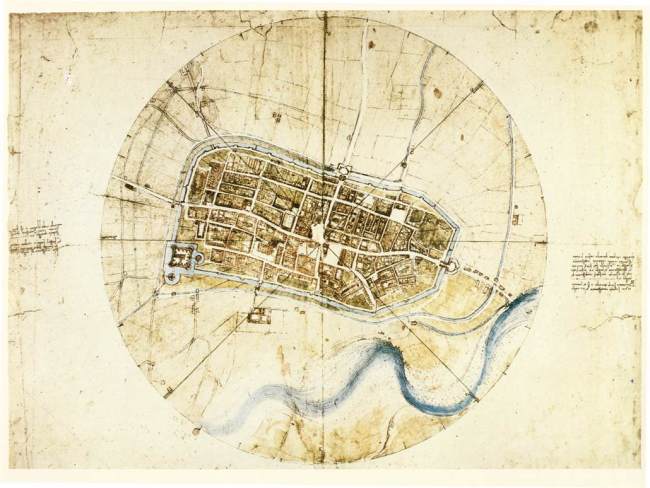 Hình 1: Bản vẽ khảo sát thị trấn Imola của Leonardo de Vinci vào năm 1502. Nguồn: Royal Library at Windsor, UK
