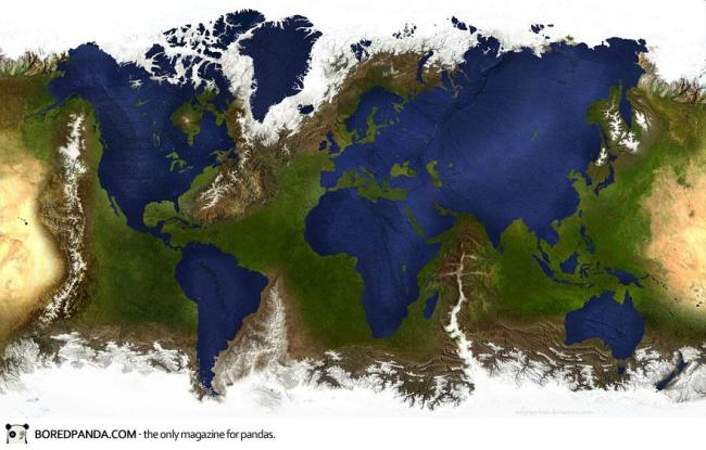 Bản đồ thế giới khi các lục địa chìm nghỉm và các đại dương dâng lên thành núi đồi.