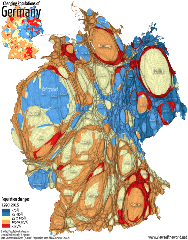 Bản đồ gia tăng dân số của các khu vực theo tỷ lệ phần trăm trong thời gian từ 1990 - 2015.