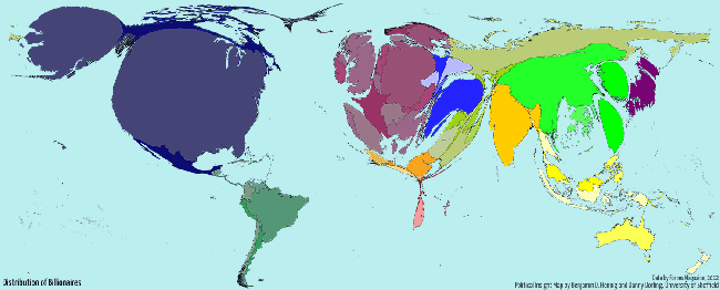 Bản đồ thế giới với hình dạng quốc gia bị thay đổi theo phân bố số lượng tỷ phú trên thế giới và phân bố giá trị tài sản của các tỷ phú.