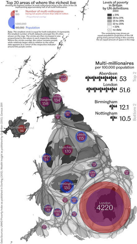 Bản đồ phân bố của những người có tài sản trên 30 triệu Bảng tại nước Anh.