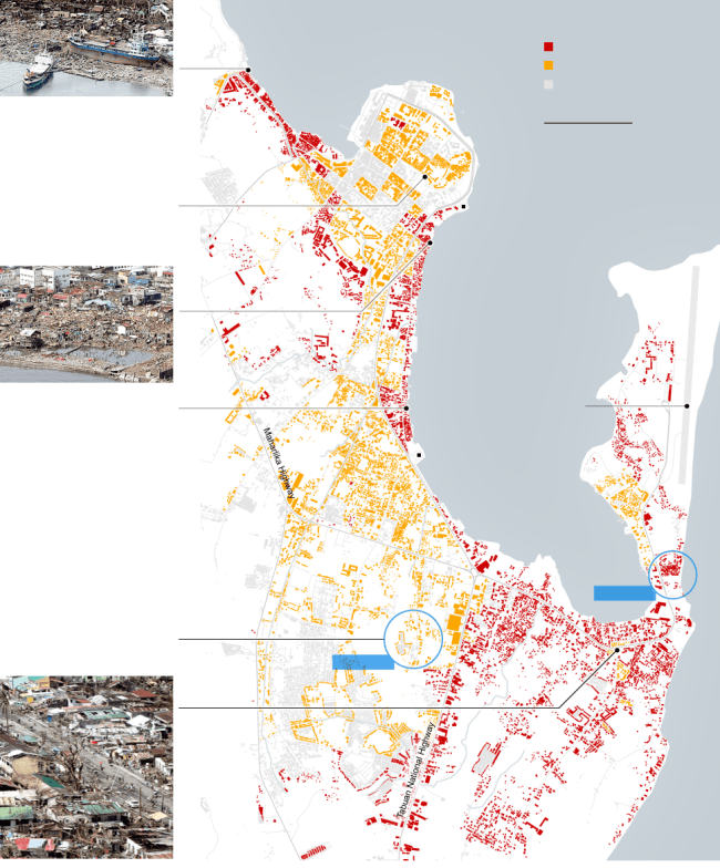 Bản đồ thể hiện mức độ tàn phá của bão Hải Yến tại Tacloban. Màu đỏ thể hiện các công trình bị phá hủy hoàn toàn, màu vàng bị hỏng hóc nặng nề và màu xám là các công trình bị ít tác động hơn hoặc không có thông tin. Nguồn: New York Times