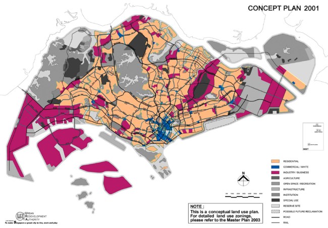 Bản quy hoạch chiến lược năm 2001 (điều chỉnh 10 năm/lần với mục tiêu xác định chương trình phát triển dài hạn từ 30-50 năm) cho thấy đất công nghiệp/doanh nghiệp (màu tím) và đất thương mại được phân phối đều khắp Singapore để mang việc làm đến gần người dân hơn. Tuy nhiên, công nghiệp nặng sẽ được tập trung ở phía Tây Nam (riêng công nghiệp lọc dầu và hóa chất thì tập trung trên các đảo để tránh rủi ro cháy nổ) và trung tâm tài chính tập trung ở xung quanh vịnh Marina tại trung tâm thành phố.
