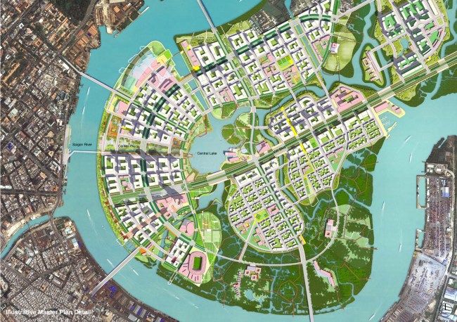 Mặt bằng minh họa cho đồ án quy hoạch Thủ Thiêm năm 2012. Nguồn: Sasaki Associates (2012).