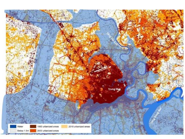 Khu vực có cao độ dưới 1.5m (phần màu xanh) sẽ đối mặt với rủi ro ngập lụt cao